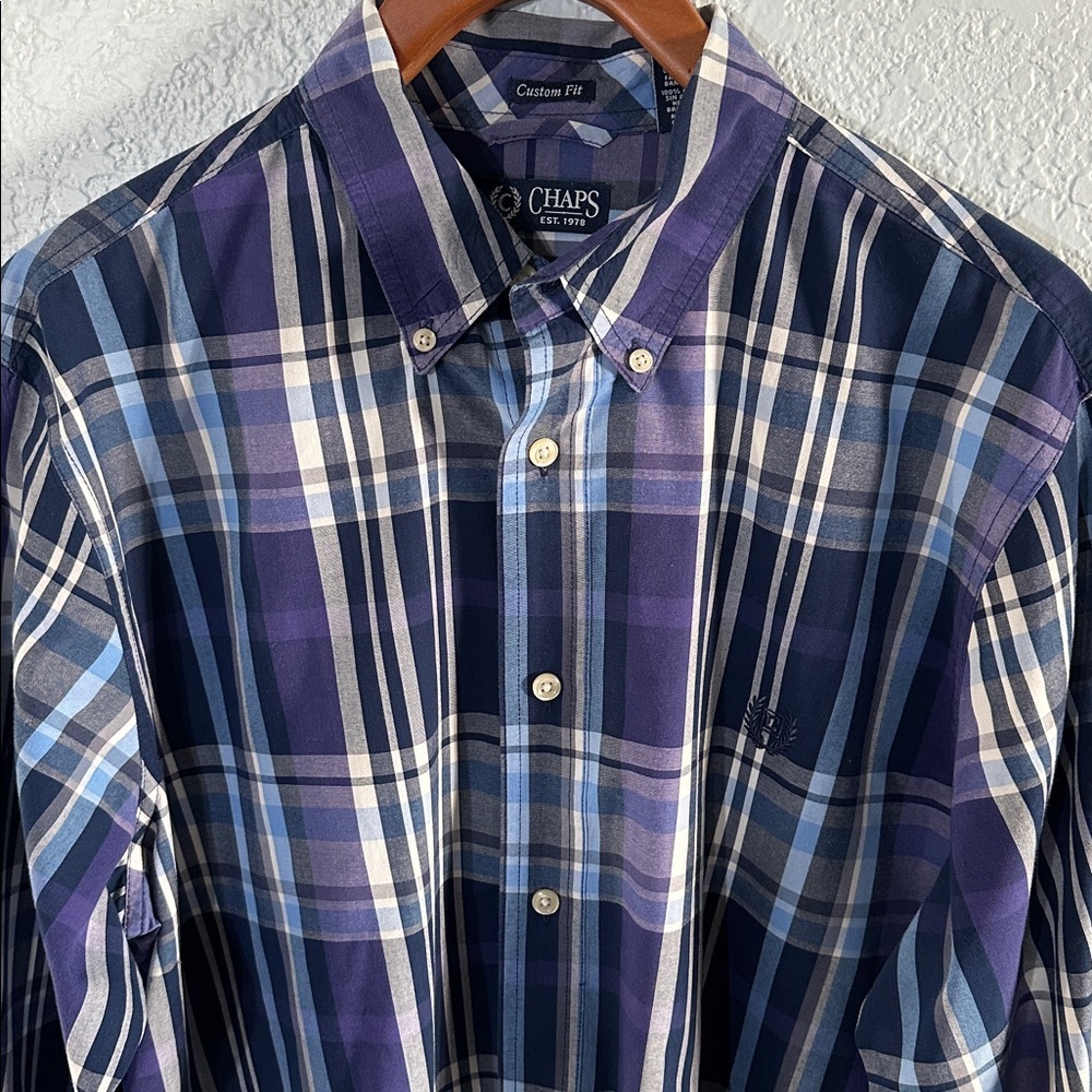 Chaps Men's Oxford Plaid Blue Purple Button down long sleeve Shirt 100% Cotton L